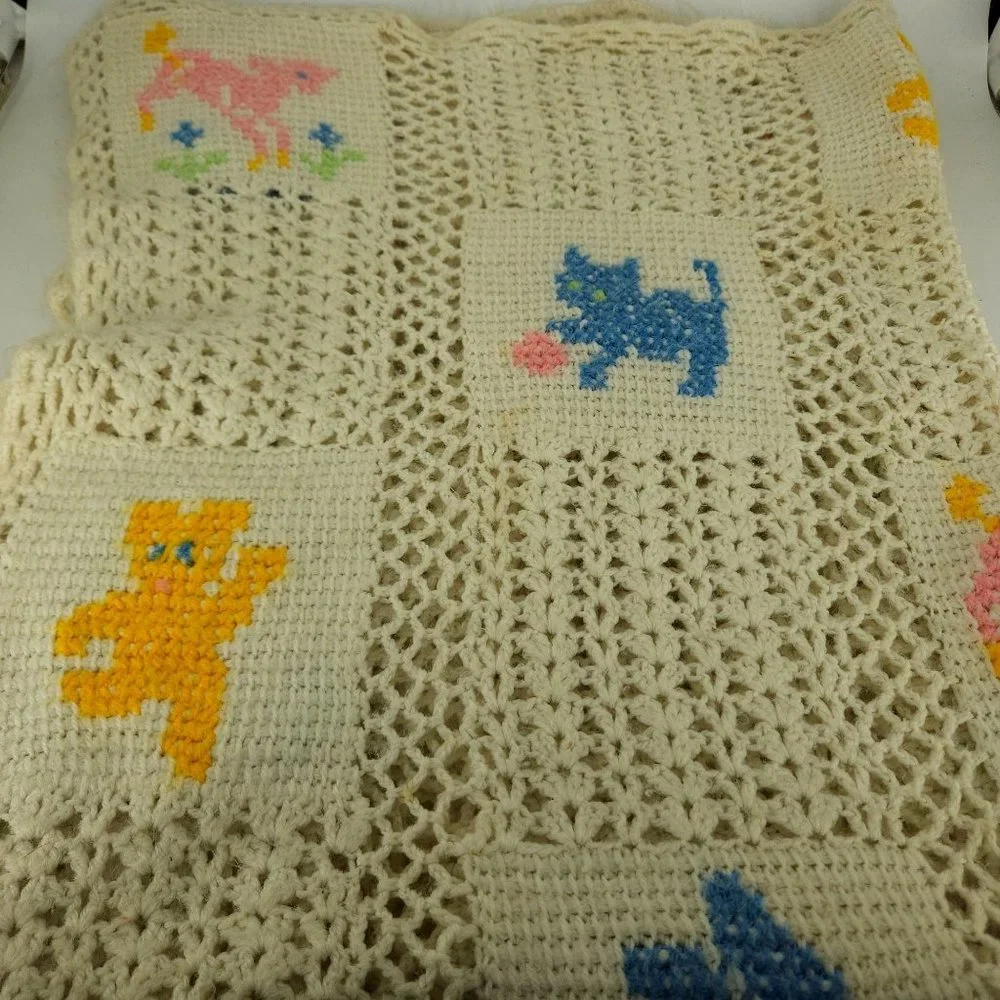 Crocheted Afghan Blanket Baby Infant Homemade White Boy Girl Animal Squares 58